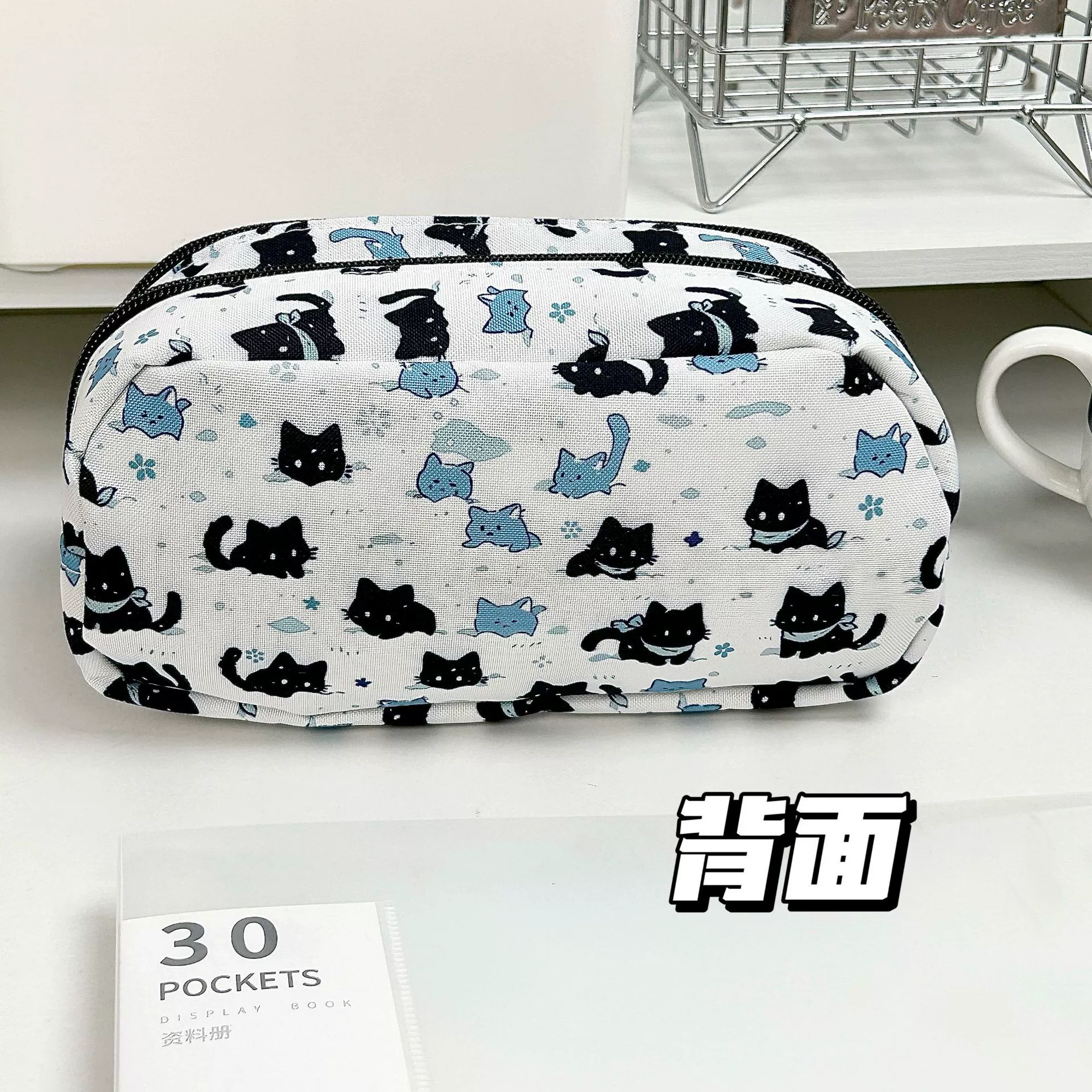 Multilayer capacious pencil case, cosmetic bag for students, kitten