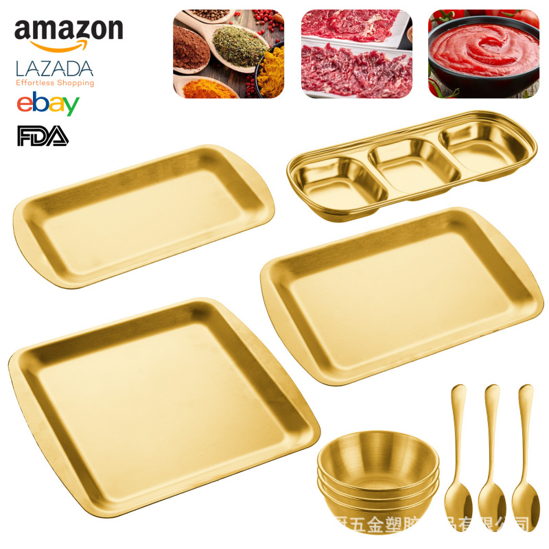 Stainless Steel Plate and Spoon Set for Barbecue and Hot Pot Restaurant Table Setting, Home Kitchen Storage Plate, Dipping Sauce Dish, Dinner Plate