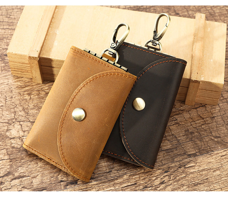 Túi đựng chìa khóa kiêm ví đựng thẻ da bò thật 7,5×1,5×11 cm — Cà phê đậm, nâu chi tiết 15