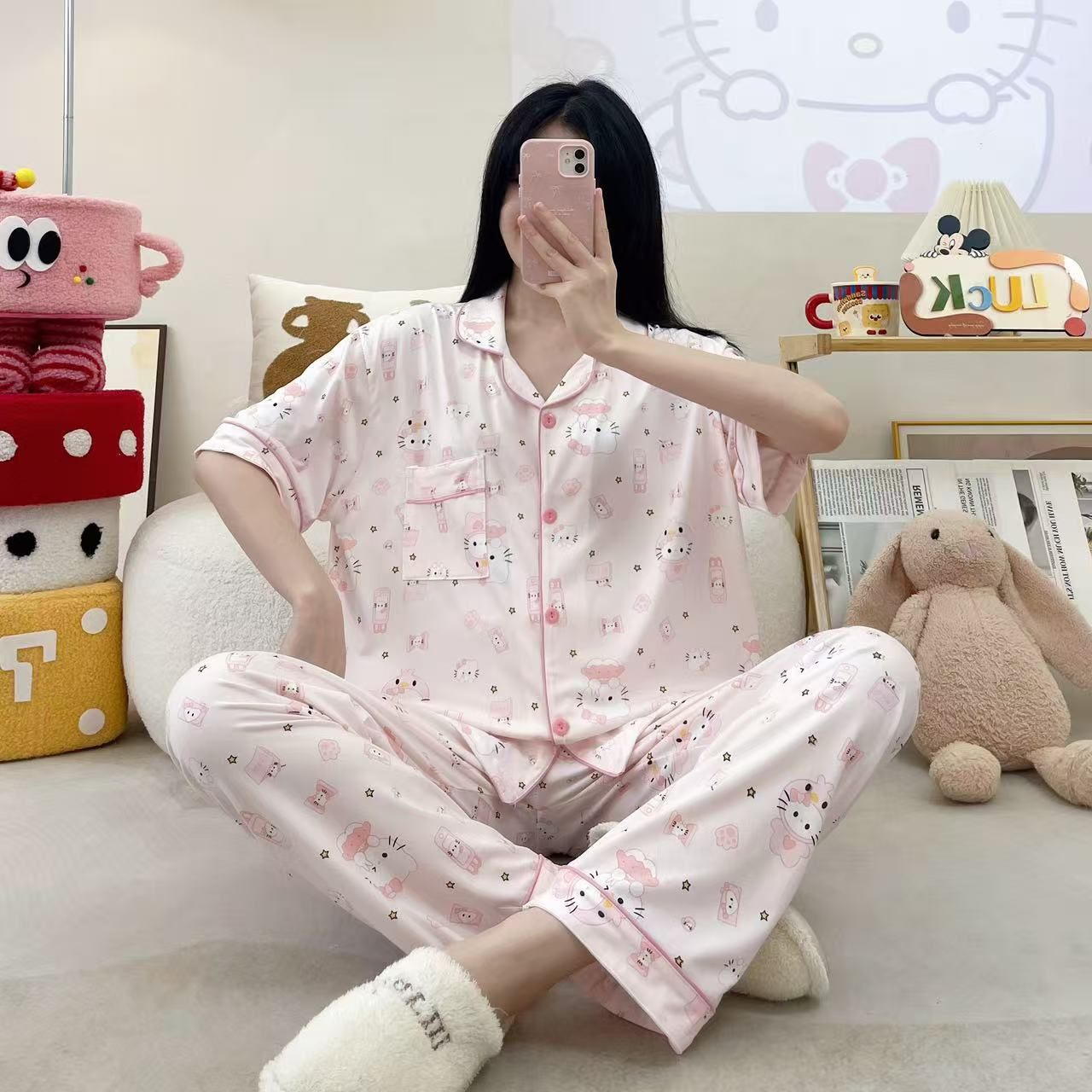 Transfronterizos al por mayor algodón solapa casa pijamas de niñas pantalones largos de manga corta lindos y sueltos se pueden usar con dos piezas image 4