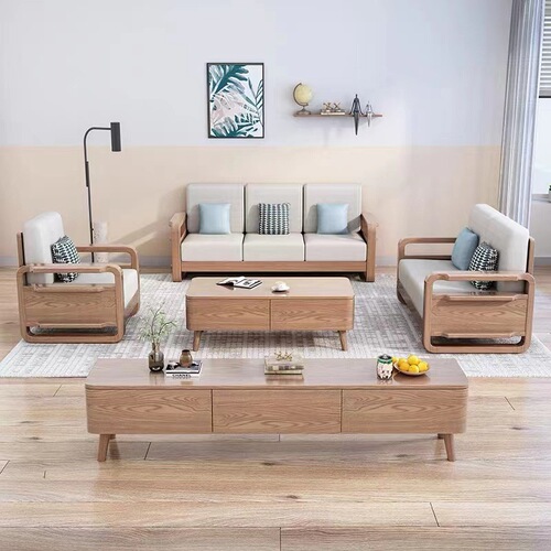 Nordic solid wood fabric sofa simple living room small apartment three-seat log complete ash wood sofa combination