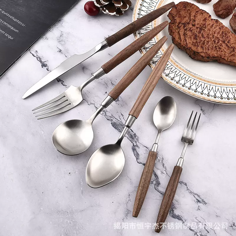 尖木柄胡桃木刀叉勺 西餐餐具套装 拉丝304牛排刀叉木柄刀叉勺