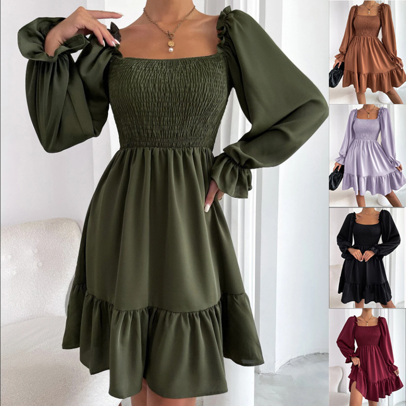 2025 Spring/Summer European and American Square Neck Shirred Bodice Ruffled Hem Dress Aliexpress Cross-Border
