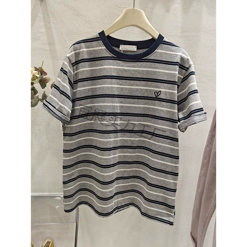 2025夏季设计感正肩圆领小众潮百搭上衣条纹短袖T恤女刺绣花短款