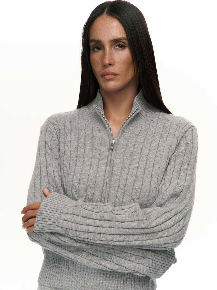 Bộ áo len cardigan khóa kéo dáng ôm tay dài và quần ống đứng — Màu be, Màu xanh dương, màu xám chi tiết 15