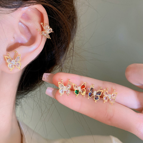 Zirconia Fresh Color Butterfly stud earrings with Instagram style, niche ear bone clip design earrings, sweet and cute, light luxury earrings.