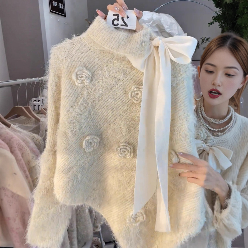 2025 Autumn and Winter Lazy Style High Collar Bow Tie Sweater Women's Autumn and Winter Off-White High-Quality Sweater