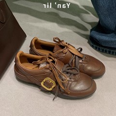 牛皮版~小众复古风皮带扣德训皮鞋女秋百搭内增高系带休闲运动鞋