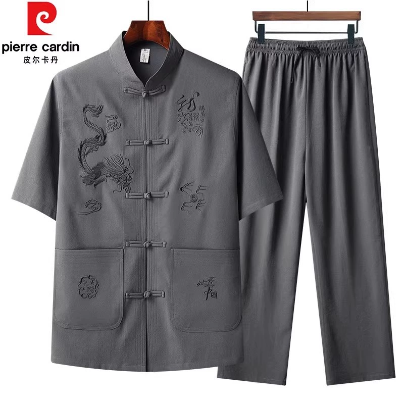 Pierre Cardin, новый мужской летний костюм Тан, шелковая рубашка с короткими рукавами для среднего и пожилого возраста, костюм из ледяного шелка в китайском стиле для мужчин