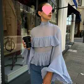 喇叭袖夏季衬衫蛋糕轻熟风立领荷叶边欧美风女装跨境跨境层叠
