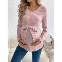 速卖通秋季外贸新款 Maternity Clothing 罗纹针织带腰带长袖T恤