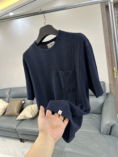 Eye-Catching, Good-Looking and Handsome! Trendy Knitted Jacquard Short-Sleeved Japanese Style Stripesd Retro Loose Casual Half-Sleeved T-Shirt for Men