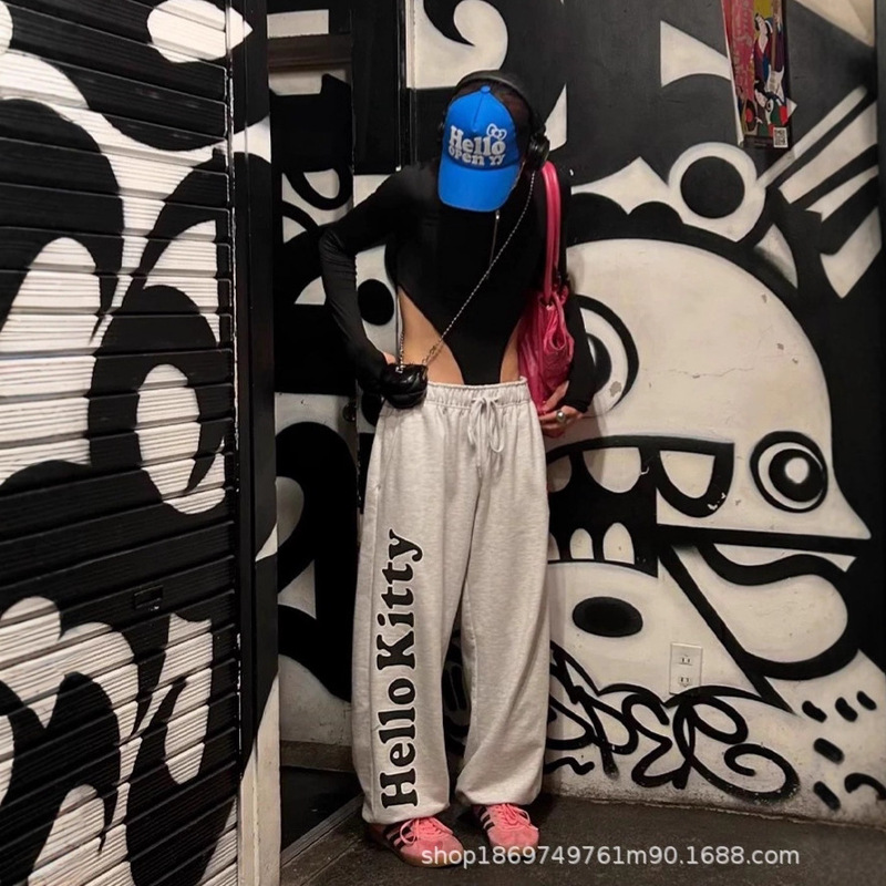 Korean Niche Design Kitty Joint Letter Embroidered Bow Embroidered Women's Loose Ins Terry Sweatpants