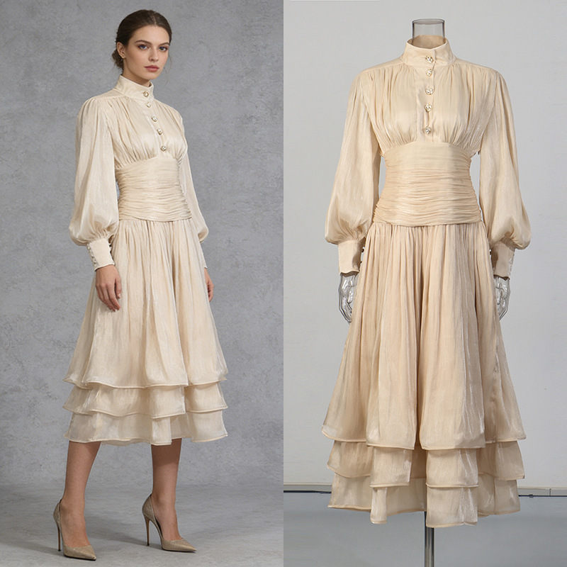 Gentle and Simple French Retro Style Pleated Ruffle Patchwork Long Dress 2026 Summer New Women's Dress