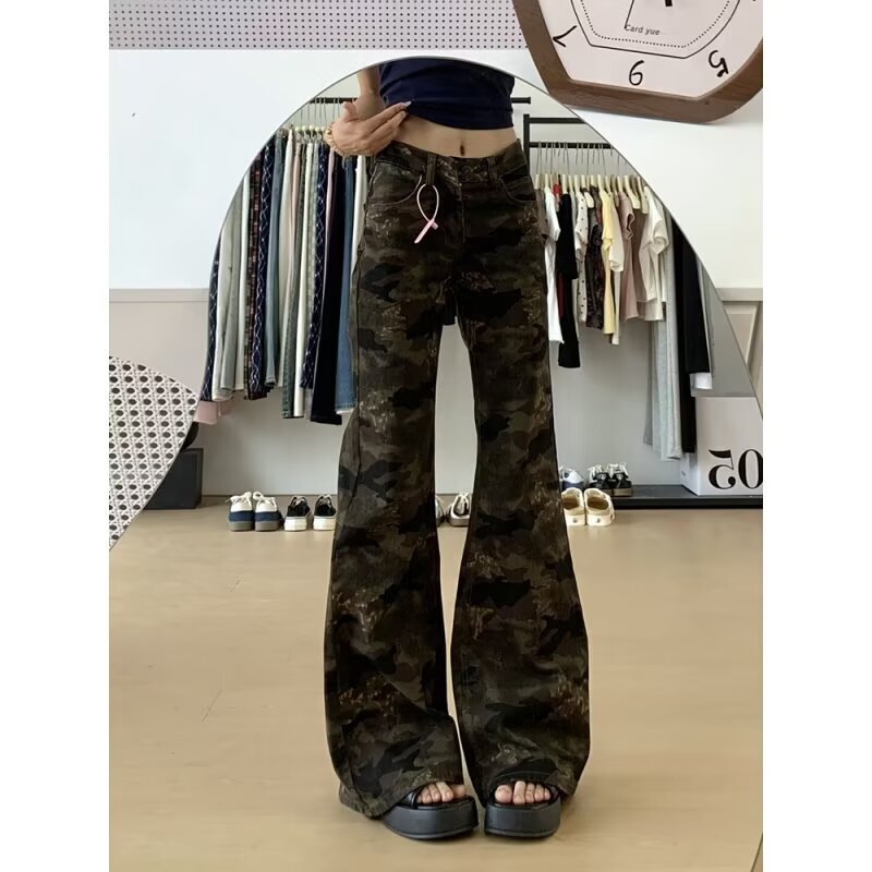 175 Tall Extended Version Camouflage Bootcut Jeans for Women New Hot Girl Workwear Wide Leg Low Waist Popular