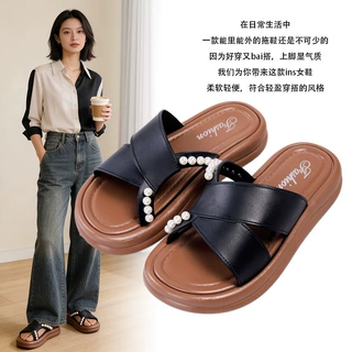 夏季新款珍珠装饰外穿拖鞋女百搭软底防滑平底凉拖鞋ins风时尚款