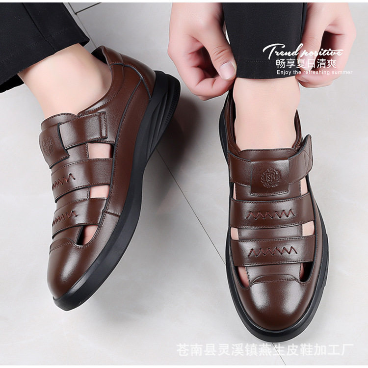 Dép sandal nam da bò thật đế cao su, kiểu lỗ thoáng khí mùa hè, quai ngang dây buộc — Màu nâu, Màu đen chi tiết 12