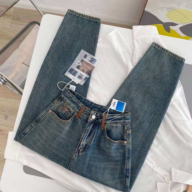 2024 Retro Gray Blue Slim Look Leg Straight Tapered Pants Women's Dad Pants Pocket Stitching Contrast Leather Label Jeans