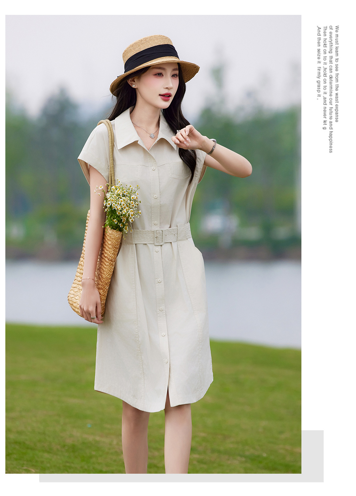 Đầm polo nữ cổ bẻ thắt eo dáng suông midi mùa hè — màu xanh nhạt, màu trắng ngà chi tiết 20