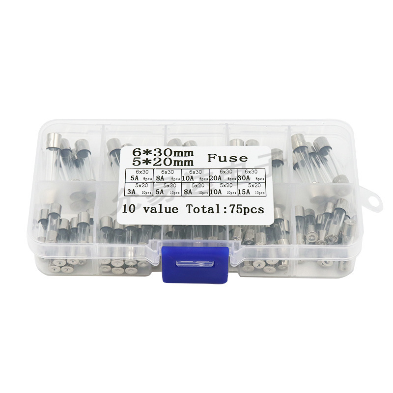 75只玻璃保险丝保险管熔断器盒5*20mm 6*30MM 250V 3A-30A混合装