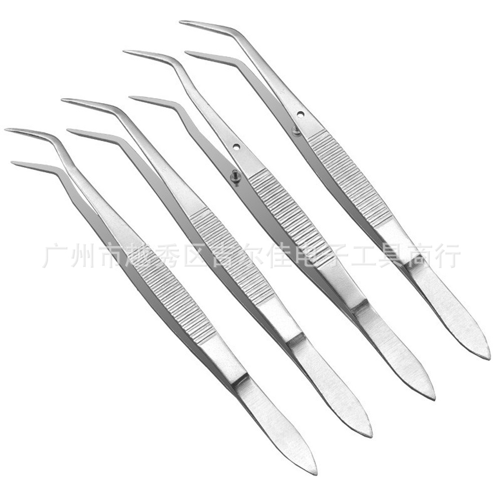 16cm弯头不锈钢加厚双弯口腔清洁用镊子牙科定位镊子