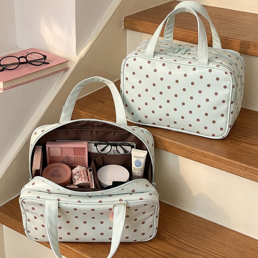 Polka Dot Cosmetic Bag, Large Capacity, Three-Layer Partitioned Storage, Waterproof, Portable Travel Toiletry Bag, Dropshipping Available