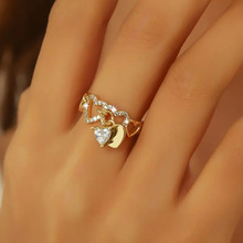 跨境新款微镶爱心轻奢吊坠戒指女小众设计高级感时尚个性开口戒指