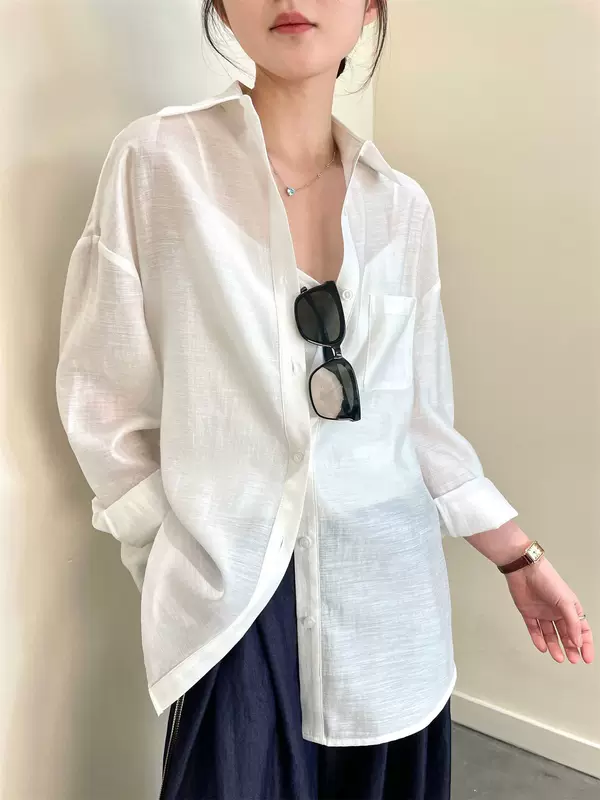 Tencel + ацетат + лен, комфортная и фактурная универсальная свободная рубашка из тенсела, ацетата и льна, солнечная защита
