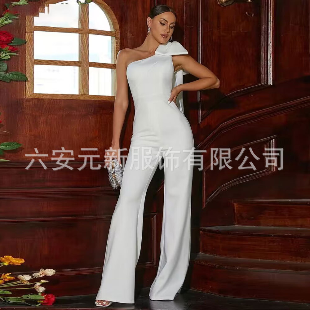 Amazon AliExpress mujeres alta cintura recta casual mono pantalones un hombro arco elegante vestido de fiesta