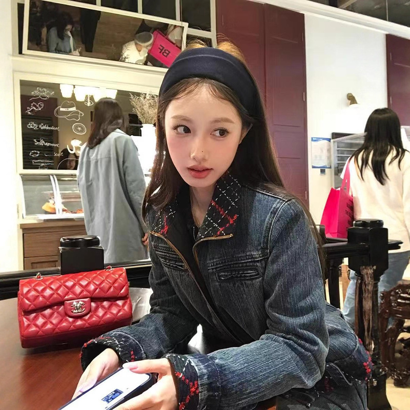 板栗可可Bankelili中古唱片 重磅水洗做旧格纹撞色翻领牛仔棉服|undefined