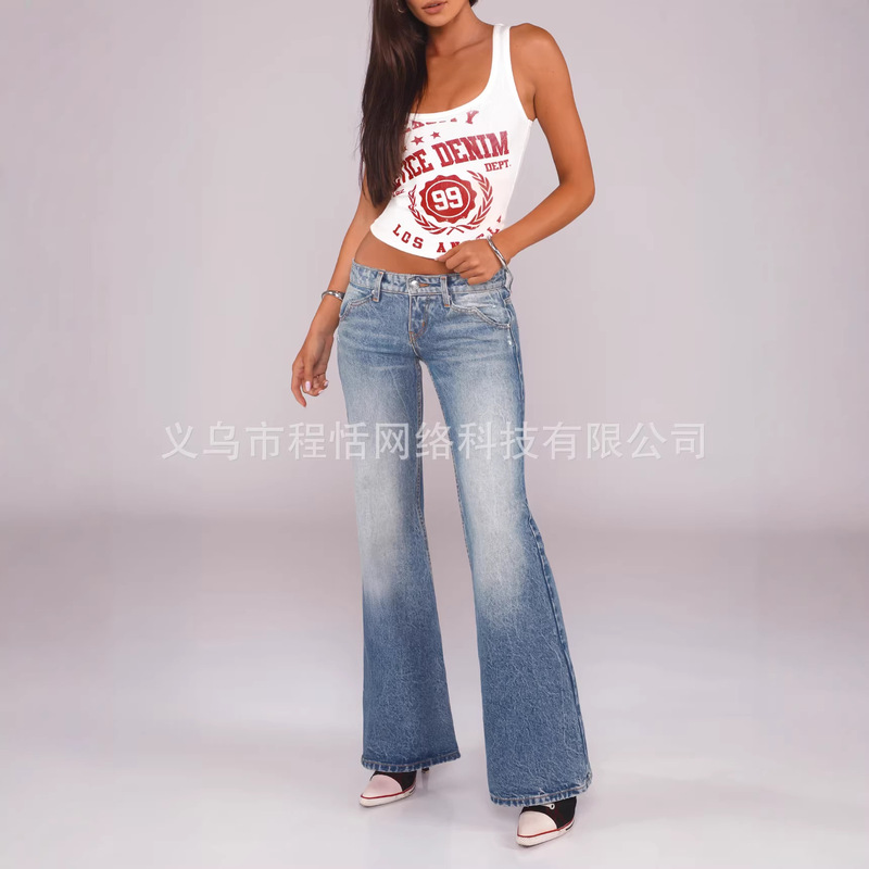 European and American Cross-Border Revice Micro-Flared Jeans Retro Y2K Hot Girl Style Washed Vintage Distressed Slim Fit Flared Pants Trendy European and American Cross-Border Revice Micro-Flared Jeans Retro Y2K Hot Girl Style Washed Vintage Distressed Slim Fit Flared Pants Trendy