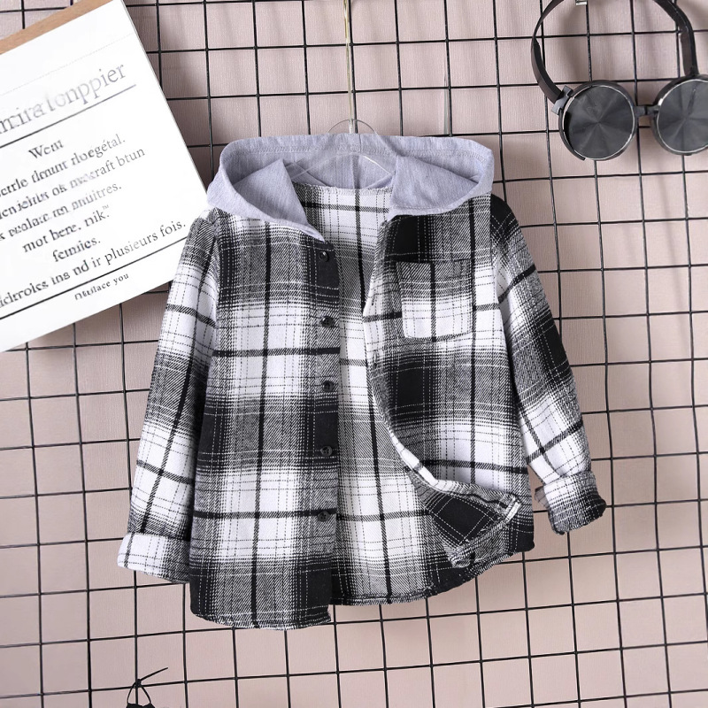 Spring and Autumn Boys' Patchwork Plaid Cotton Shirt, College Style Casual Hooded Single-Breasted Pocket Long-Sleeve Top