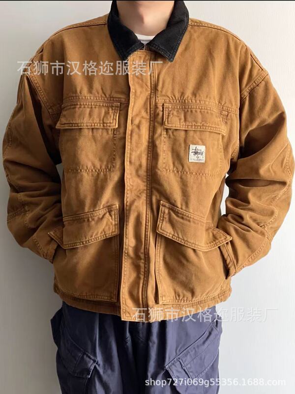新款斯图重磅复古重工工装水洗加厚款翻领棉服夹克外套宽松|undefined