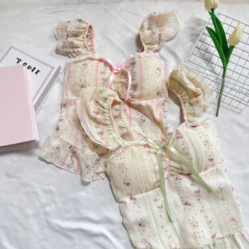 Sweet Style Ruffled Lace-Up Small Flutter-Sleeve Shirt for Women, Summer Tube Top Square-Neck Slim-Fit Floral Lace Camisole Top Sweet Style Ruffled Lace-Up Small Flutter-Sleeve Shirt for Women, Summer Tube Top Square-Neck Slim-Fit Floral Lace Camisole Top