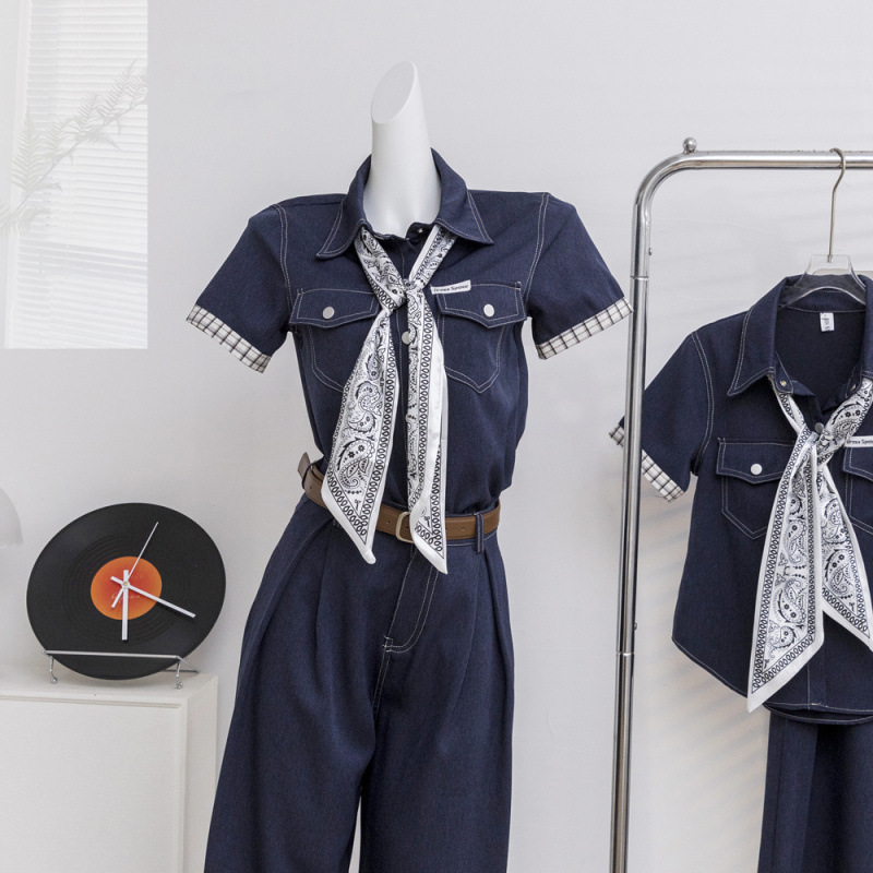 Free Scarf Belt, Original Color Tencel Patchwork Short-Sleeve Vintage Shirt + Wide-Leg Denim Pants Set for Women