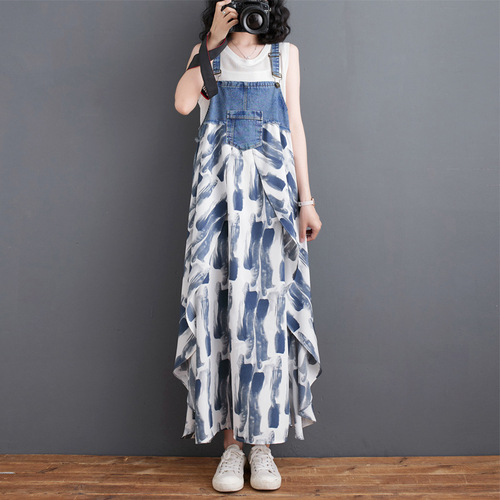 27-color Cross-border Japanese Lotte foreign trade loose denim patchwork floral print overalls dress