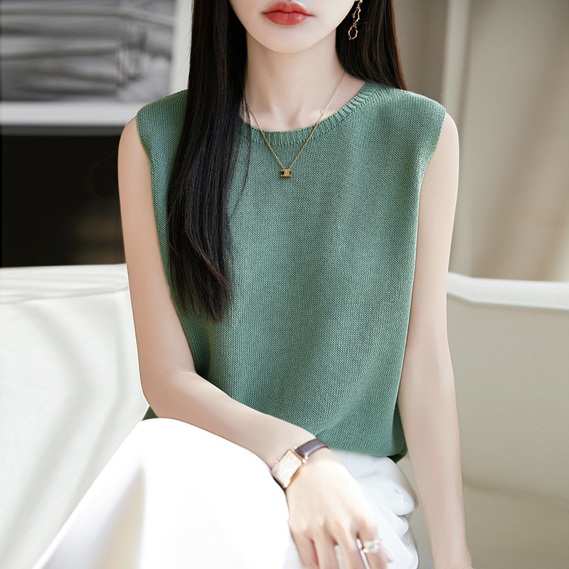 Linen Round Neck Sleeveless Vest Women's New Summer Solid Color Outer Top Short Knitted Bottoming Shirt with Fashionable Temperament Linen Round Neck Sleeveless Vest Women's New Summer Solid Color Outer Top Short Knitted Bottoming Shirt with Fashionable Temperament