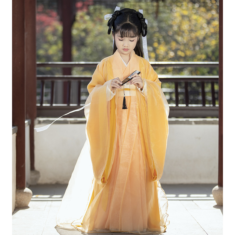 魏晉風漢服女童春秋黃色超仙中國風兒童古裝襦裙小女孩漢服裙套裝