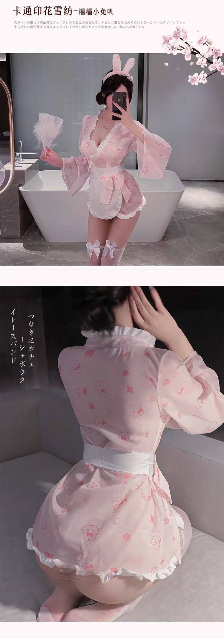 Milk Bunny Maid Uniform Lingerie Set with Rabbit Print and Bowknot Stockings — detail image 7