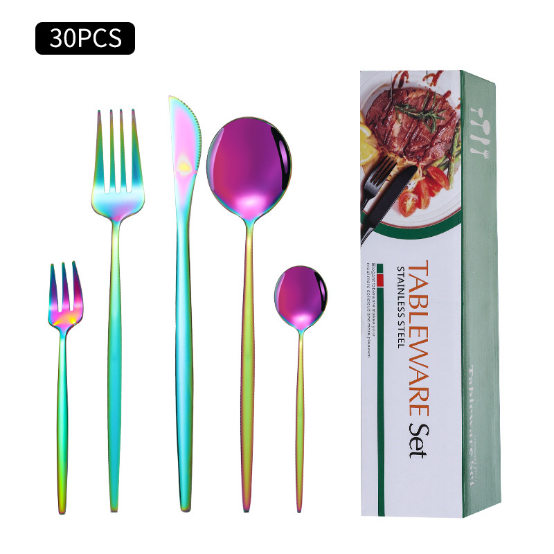 Cruz-Frontera de acero inoxidable vajilla portugués cuchillo y tenedor conjunto de 30 piezas de comida occidental cuchillo de filete de oro y cuchara de la caja de regalo