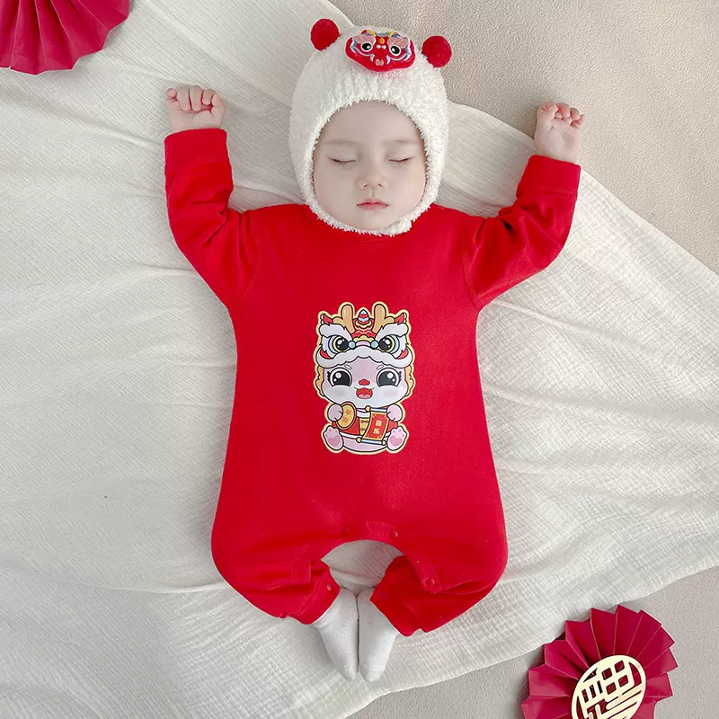 婴儿拜年服红色过年周岁夹棉连体衣服宝宝秋冬季新生儿加厚爬爬服