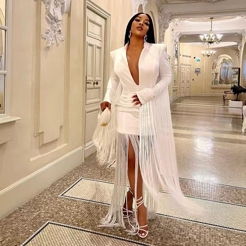 Hx0203 European and American Amazon Women's Deep V Sexy Waist Tight Long-Sleeved Fringed Dress