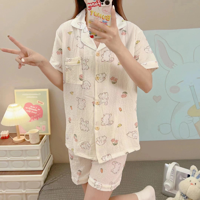 睡衣女夏季梭织泡泡棉皱布ins公主风可爱短袖夏天薄款家居服套装|undefined