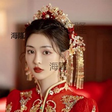 新款新娘頭飾紅色復古花朵流蘇發簪古風中式結婚鳳冠霞帔秀禾頭飾