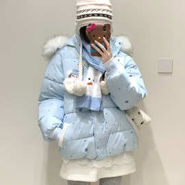 韩系可爱女连帽短款棉服外贸批发大毛领冬季保暖外套派克服
