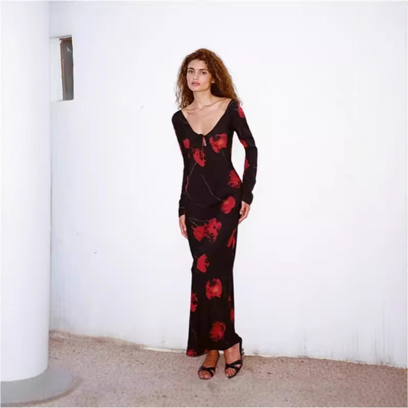 Real* French Dress Black Floral Long Sleeve Bias Cut Rose Print Long Skirt Spring & Fall Dress