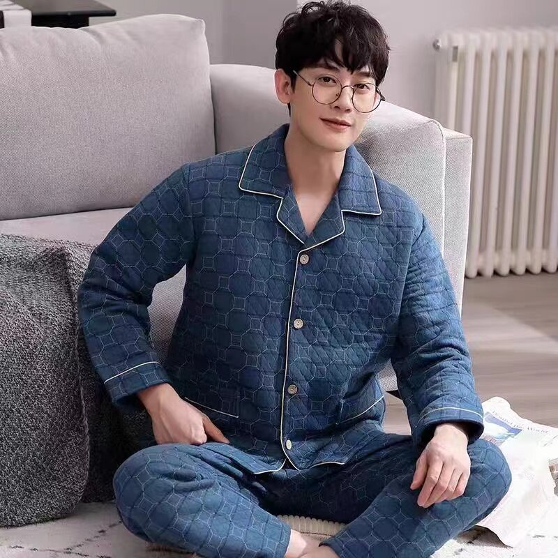 Pijamas de algodón para hombres otoño y invierno caliente capa intercalada gruesa de mangas largas ropa de hogar grande primavera y otoño conjunto de algodón intercalado delgado