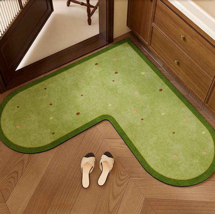 Green Vintage-Style L-Shaped Floor Mat for Bathroom, Non-Slip Quick-Dry Foot Mat for Home Kitchen, Water and Oil Absorbent Mat