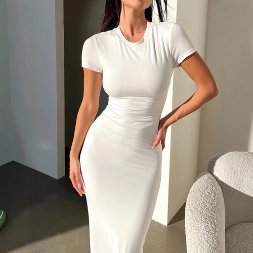 European and American Women's Spring Solid Color Elegant High-Elastic Body-Fitting Sexy Short-Sleeve Long Dress