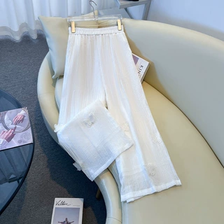 夏季新文艺纯苎麻立体蝴蝶阔腿裤女宽松显瘦松紧高腰双层休闲长裤